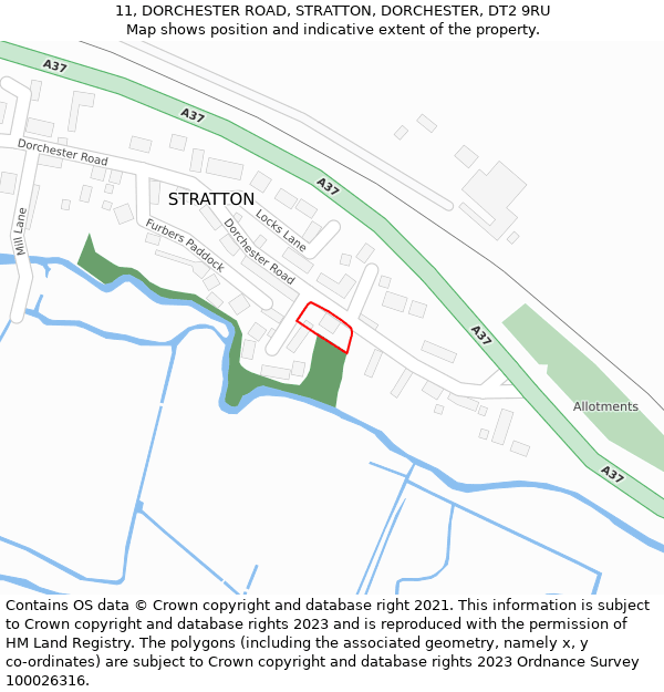 11, DORCHESTER ROAD, STRATTON, DORCHESTER, DT2 9RU: Location map and indicative extent of plot
