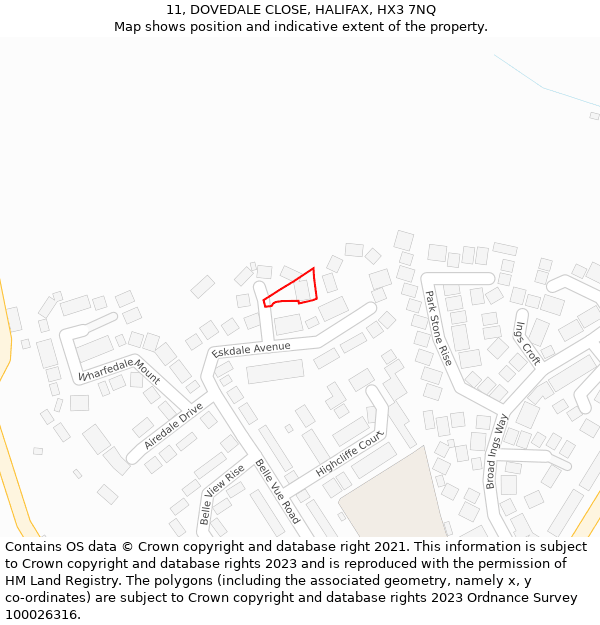 11, DOVEDALE CLOSE, HALIFAX, HX3 7NQ: Location map and indicative extent of plot