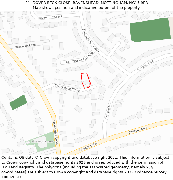 11, DOVER BECK CLOSE, RAVENSHEAD, NOTTINGHAM, NG15 9ER: Location map and indicative extent of plot