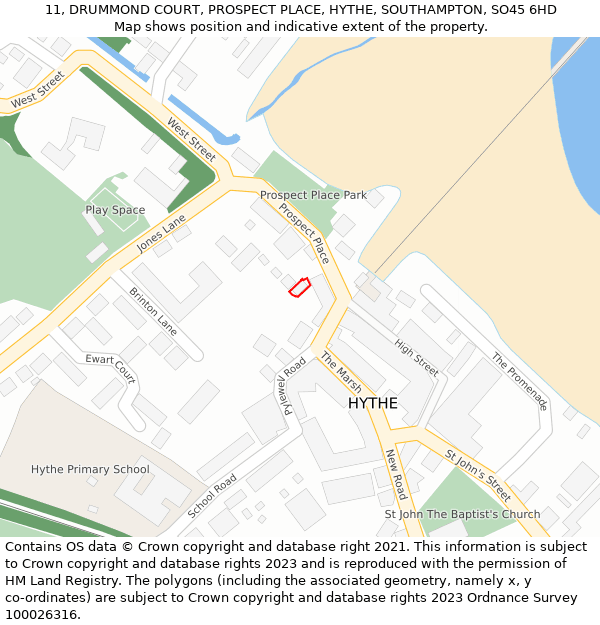 11, DRUMMOND COURT, PROSPECT PLACE, HYTHE, SOUTHAMPTON, SO45 6HD: Location map and indicative extent of plot