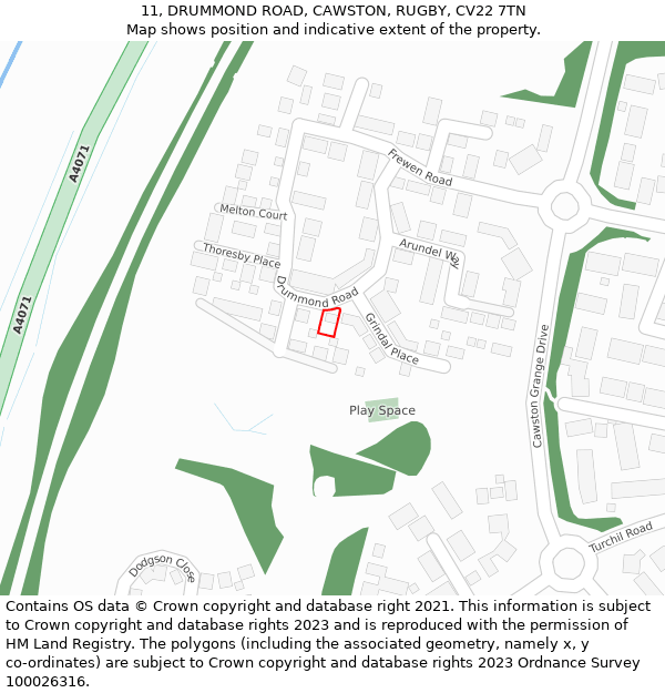 11, DRUMMOND ROAD, CAWSTON, RUGBY, CV22 7TN: Location map and indicative extent of plot