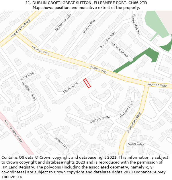 11, DUBLIN CROFT, GREAT SUTTON, ELLESMERE PORT, CH66 2TD: Location map and indicative extent of plot