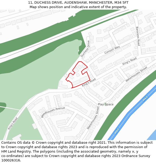 11, DUCHESS DRIVE, AUDENSHAW, MANCHESTER, M34 5FT: Location map and indicative extent of plot