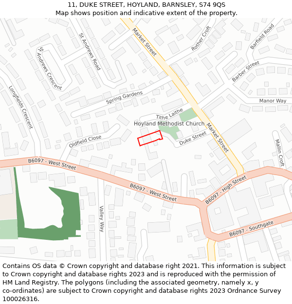11, DUKE STREET, HOYLAND, BARNSLEY, S74 9QS: Location map and indicative extent of plot