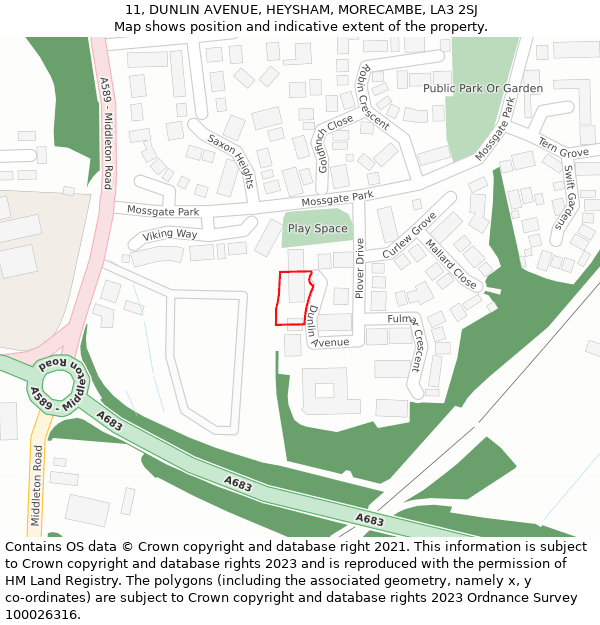 11, DUNLIN AVENUE, HEYSHAM, MORECAMBE, LA3 2SJ: Location map and indicative extent of plot