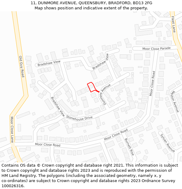 11, DUNMORE AVENUE, QUEENSBURY, BRADFORD, BD13 2FG: Location map and indicative extent of plot