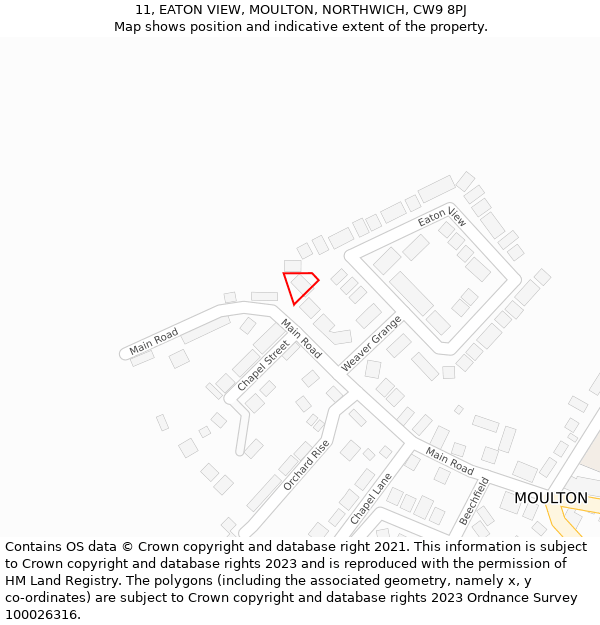 11, EATON VIEW, MOULTON, NORTHWICH, CW9 8PJ: Location map and indicative extent of plot