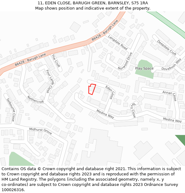 11, EDEN CLOSE, BARUGH GREEN, BARNSLEY, S75 1RA: Location map and indicative extent of plot