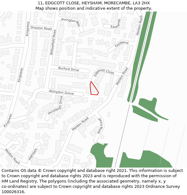 11, EDGCOTT CLOSE, HEYSHAM, MORECAMBE, LA3 2HX: Location map and indicative extent of plot