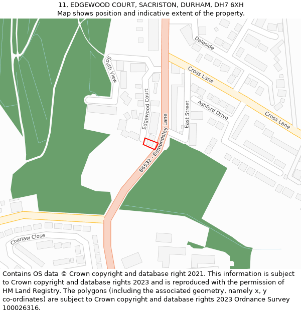 11, EDGEWOOD COURT, SACRISTON, DURHAM, DH7 6XH: Location map and indicative extent of plot