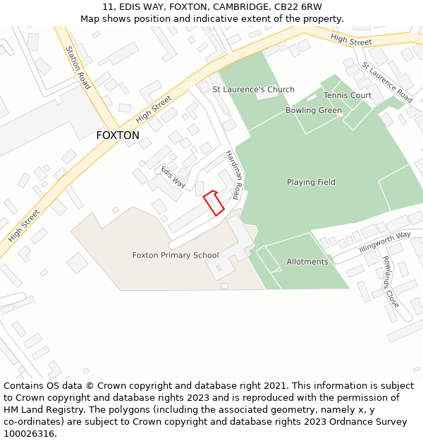 11, EDIS WAY, FOXTON, CAMBRIDGE, CB22 6RW: Location map and indicative extent of plot