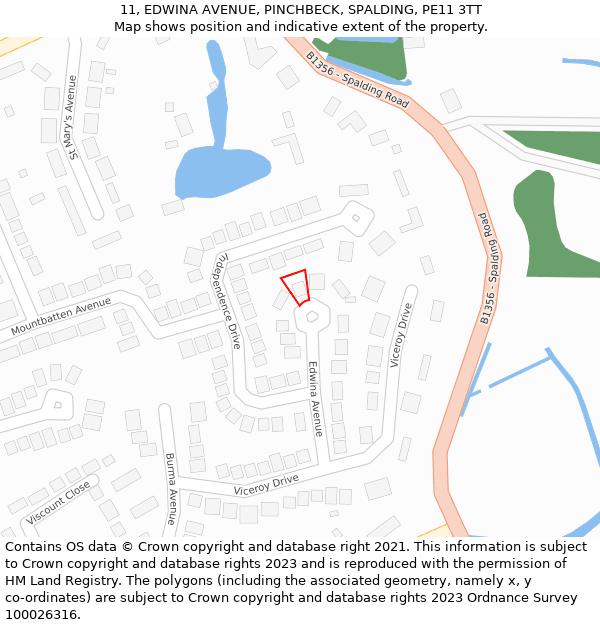 11, EDWINA AVENUE, PINCHBECK, SPALDING, PE11 3TT: Location map and indicative extent of plot
