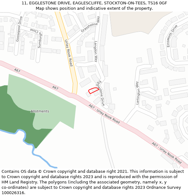 11, EGGLESTONE DRIVE, EAGLESCLIFFE, STOCKTON-ON-TEES, TS16 0GF: Location map and indicative extent of plot