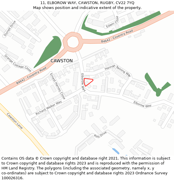 11, ELBOROW WAY, CAWSTON, RUGBY, CV22 7YQ: Location map and indicative extent of plot