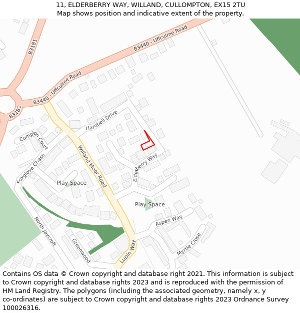 11, ELDERBERRY WAY, WILLAND, CULLOMPTON, EX15 2TU: Location map and indicative extent of plot