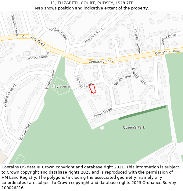 11, ELIZABETH COURT, PUDSEY, LS28 7FB: Location map and indicative extent of plot