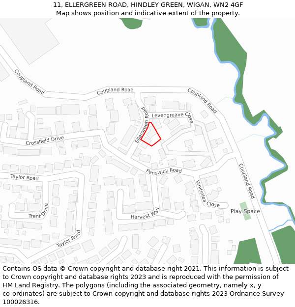 11, ELLERGREEN ROAD, HINDLEY GREEN, WIGAN, WN2 4GF: Location map and indicative extent of plot