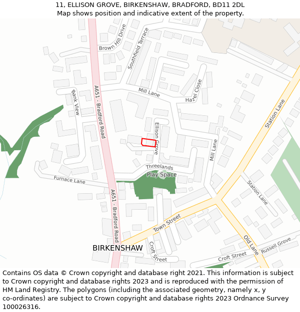 11, ELLISON GROVE, BIRKENSHAW, BRADFORD, BD11 2DL: Location map and indicative extent of plot