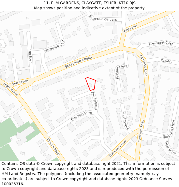 11, ELM GARDENS, CLAYGATE, ESHER, KT10 0JS: Location map and indicative extent of plot