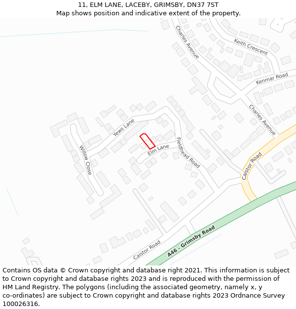 11, ELM LANE, LACEBY, GRIMSBY, DN37 7ST: Location map and indicative extent of plot