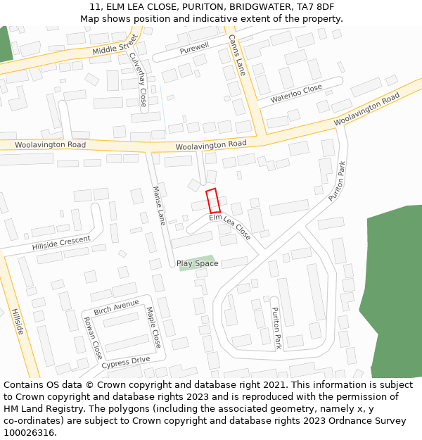 11, ELM LEA CLOSE, PURITON, BRIDGWATER, TA7 8DF: Location map and indicative extent of plot