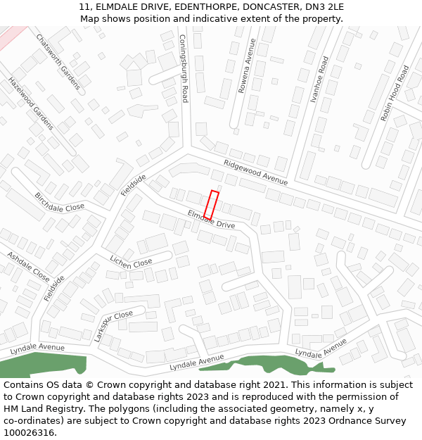 11, ELMDALE DRIVE, EDENTHORPE, DONCASTER, DN3 2LE: Location map and indicative extent of plot