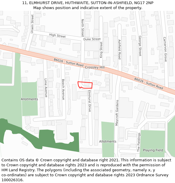 11, ELMHURST DRIVE, HUTHWAITE, SUTTON-IN-ASHFIELD, NG17 2NP: Location map and indicative extent of plot