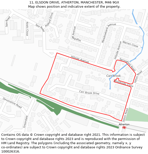 11, ELSDON DRIVE, ATHERTON, MANCHESTER, M46 9GX: Location map and indicative extent of plot