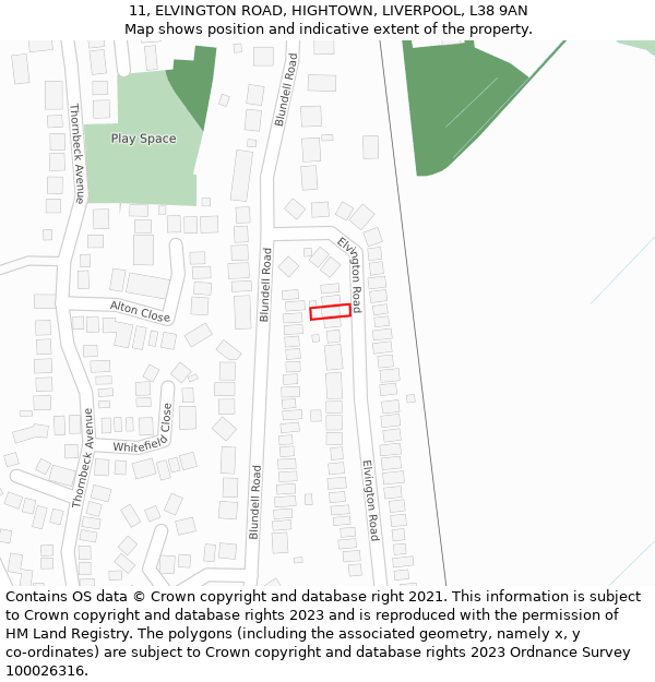 11, ELVINGTON ROAD, HIGHTOWN, LIVERPOOL, L38 9AN: Location map and indicative extent of plot