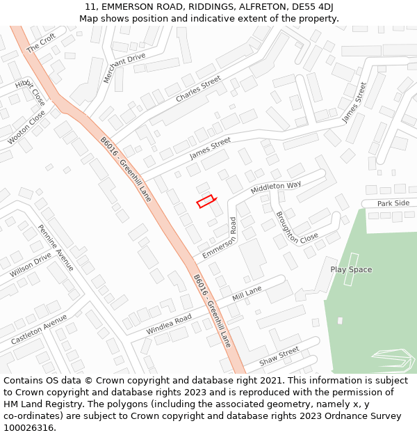 11, EMMERSON ROAD, RIDDINGS, ALFRETON, DE55 4DJ: Location map and indicative extent of plot