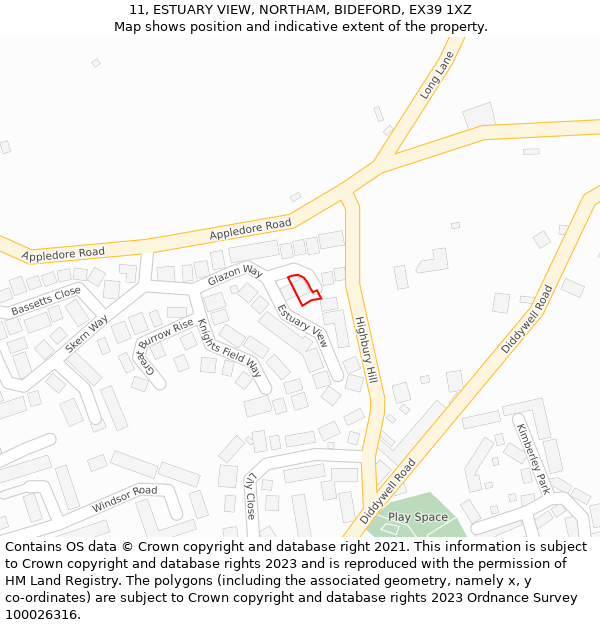 11, ESTUARY VIEW, NORTHAM, BIDEFORD, EX39 1XZ: Location map and indicative extent of plot