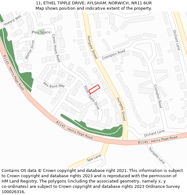 11, ETHEL TIPPLE DRIVE, AYLSHAM, NORWICH, NR11 6UR: Location map and indicative extent of plot