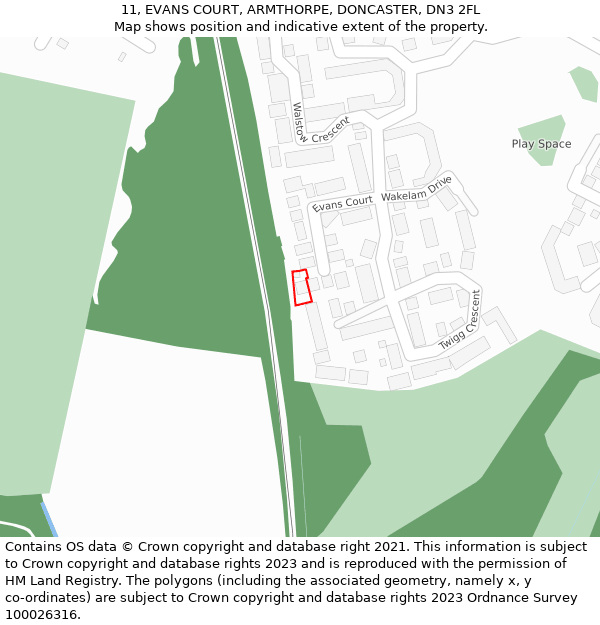 11, EVANS COURT, ARMTHORPE, DONCASTER, DN3 2FL: Location map and indicative extent of plot