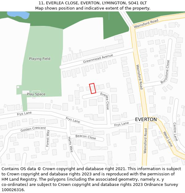 11, EVERLEA CLOSE, EVERTON, LYMINGTON, SO41 0LT: Location map and indicative extent of plot