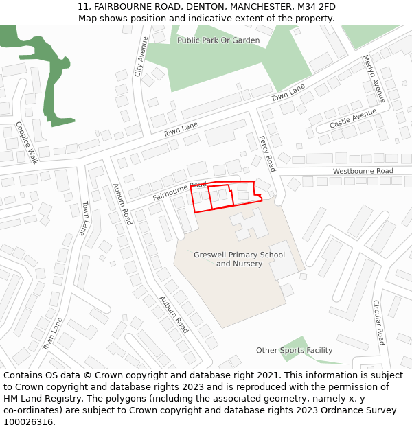 11, FAIRBOURNE ROAD, DENTON, MANCHESTER, M34 2FD: Location map and indicative extent of plot