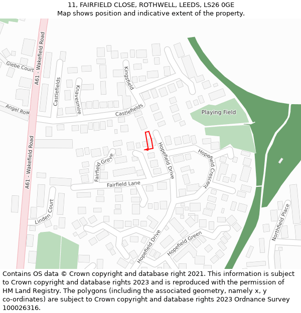 11, FAIRFIELD CLOSE, ROTHWELL, LEEDS, LS26 0GE: Location map and indicative extent of plot