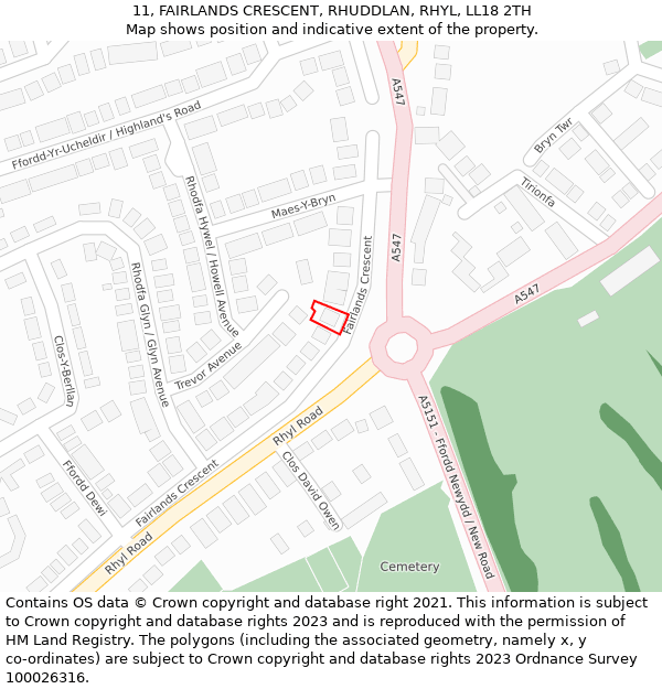 11, FAIRLANDS CRESCENT, RHUDDLAN, RHYL, LL18 2TH: Location map and indicative extent of plot