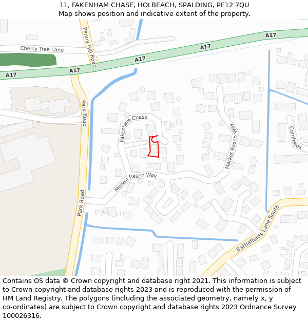 11, FAKENHAM CHASE, HOLBEACH, SPALDING, PE12 7QU: Location map and indicative extent of plot