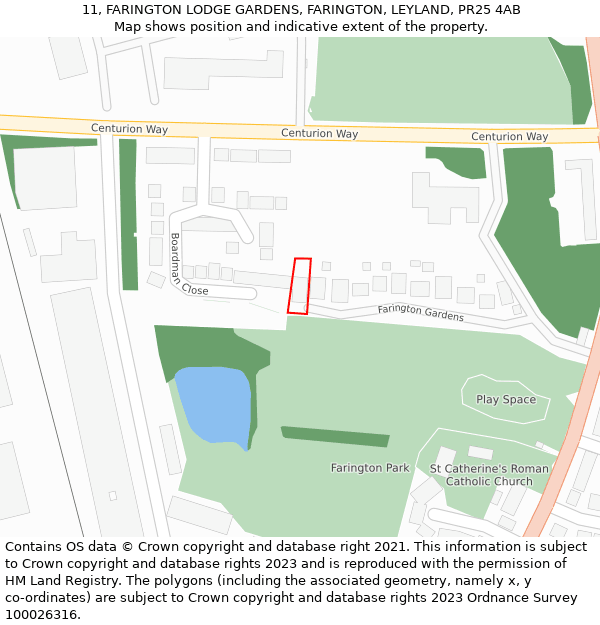 11, FARINGTON LODGE GARDENS, FARINGTON, LEYLAND, PR25 4AB: Location map and indicative extent of plot