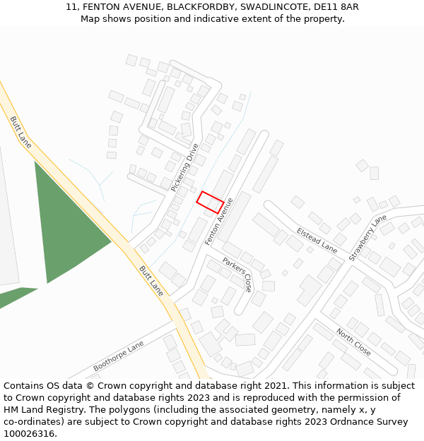 11, FENTON AVENUE, BLACKFORDBY, SWADLINCOTE, DE11 8AR: Location map and indicative extent of plot