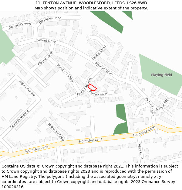 11, FENTON AVENUE, WOODLESFORD, LEEDS, LS26 8WD: Location map and indicative extent of plot
