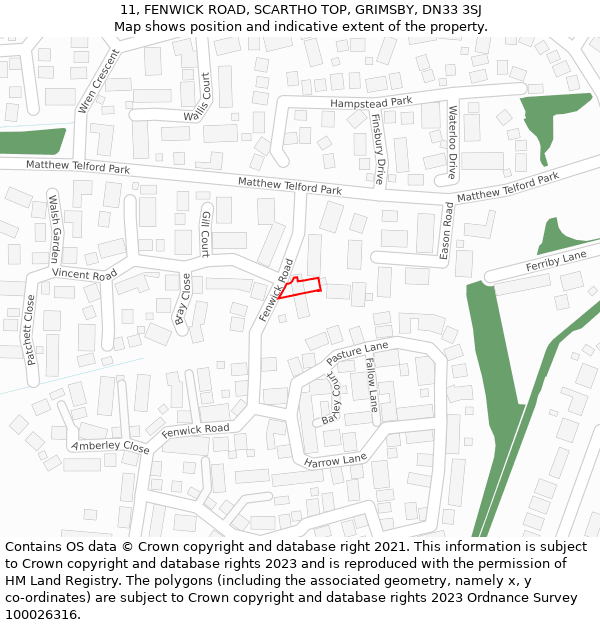 11, FENWICK ROAD, SCARTHO TOP, GRIMSBY, DN33 3SJ: Location map and indicative extent of plot