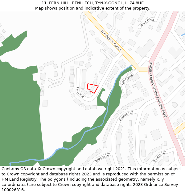 11, FERN HILL, BENLLECH, TYN-Y-GONGL, LL74 8UE: Location map and indicative extent of plot