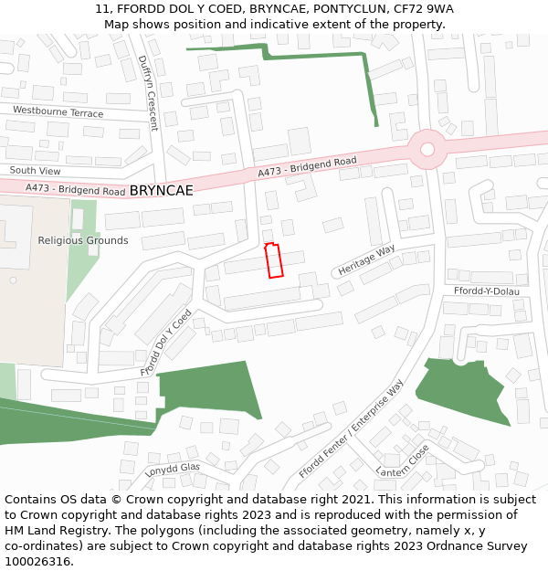 11, FFORDD DOL Y COED, BRYNCAE, PONTYCLUN, CF72 9WA: Location map and indicative extent of plot