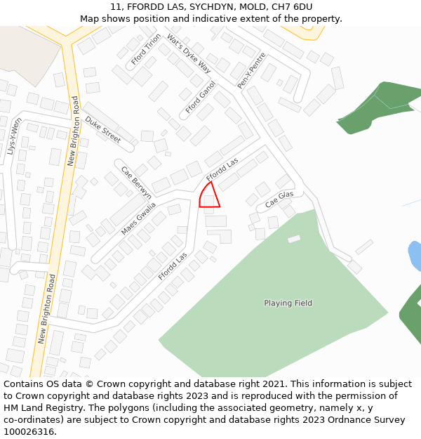 11, FFORDD LAS, SYCHDYN, MOLD, CH7 6DU: Location map and indicative extent of plot