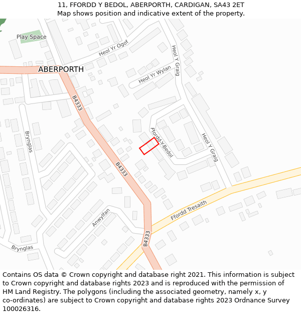 11, FFORDD Y BEDOL, ABERPORTH, CARDIGAN, SA43 2ET: Location map and indicative extent of plot