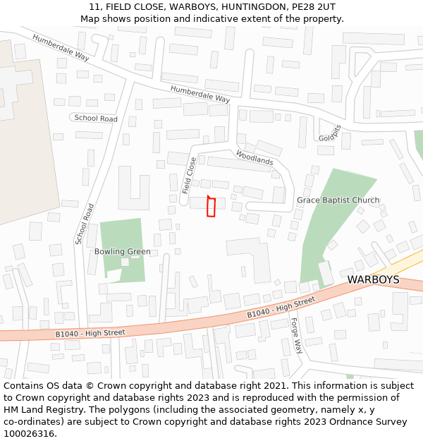 11, FIELD CLOSE, WARBOYS, HUNTINGDON, PE28 2UT: Location map and indicative extent of plot