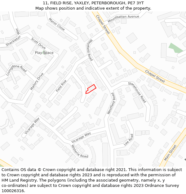 11, FIELD RISE, YAXLEY, PETERBOROUGH, PE7 3YT: Location map and indicative extent of plot