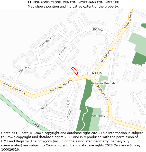 11, FISHPOND CLOSE, DENTON, NORTHAMPTON, NN7 1EE: Location map and indicative extent of plot
