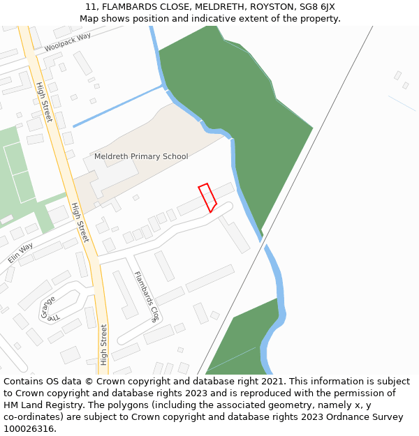 11, FLAMBARDS CLOSE, MELDRETH, ROYSTON, SG8 6JX: Location map and indicative extent of plot